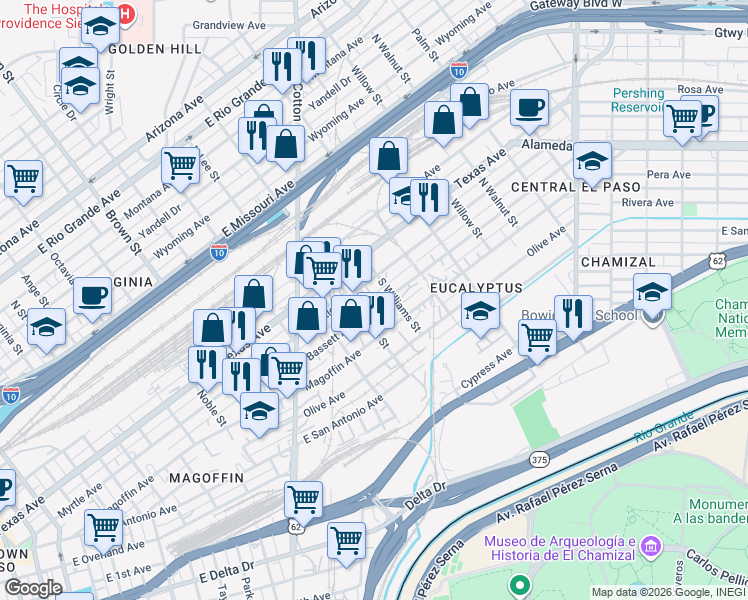 map of restaurants, bars, coffee shops, grocery stores, and more near 101-199 South Williams Street in El Paso