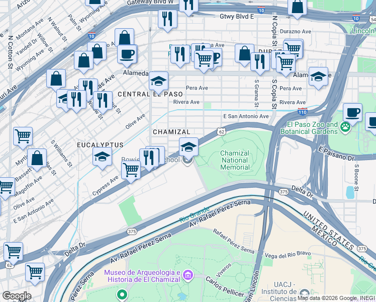 map of restaurants, bars, coffee shops, grocery stores, and more near 801 South San Marcial Street in El Paso