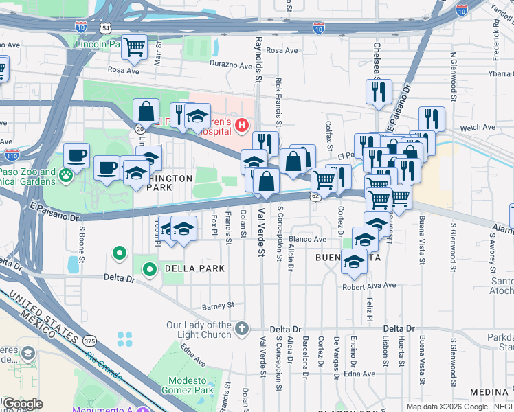 map of restaurants, bars, coffee shops, grocery stores, and more near 4850 East Paisano Drive in El Paso