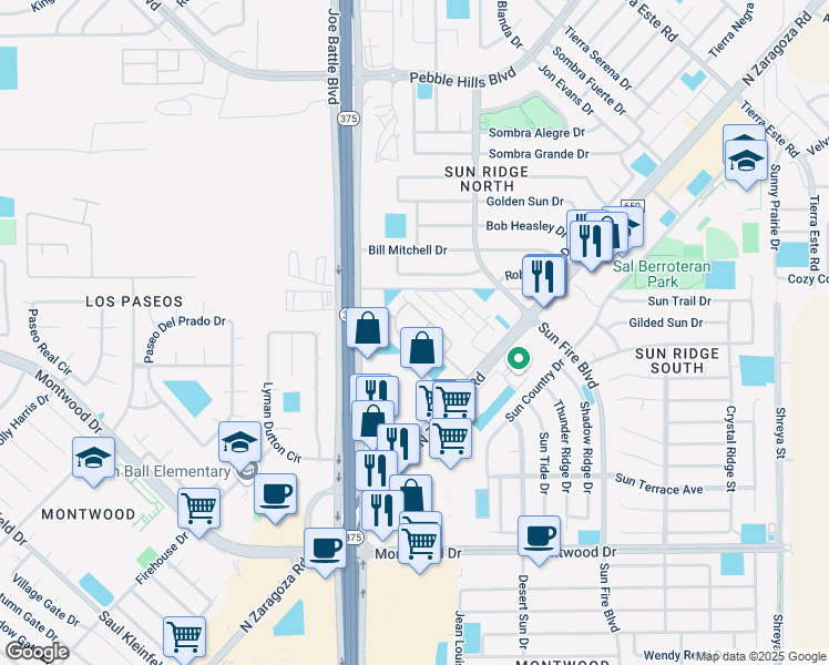 map of restaurants, bars, coffee shops, grocery stores, and more near 12000 Sarah H in El Paso