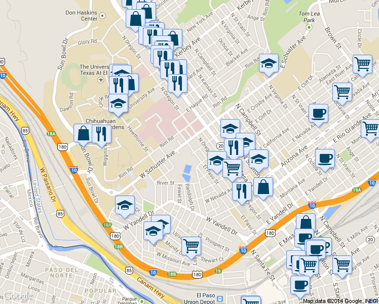 map of restaurants, bars, coffee shops, grocery stores, and more near 200 West Schuster Avenue in El Paso