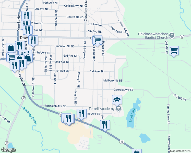 map of restaurants, bars, coffee shops, grocery stores, and more near 440 Cinderella Lane Southeast in Dawson