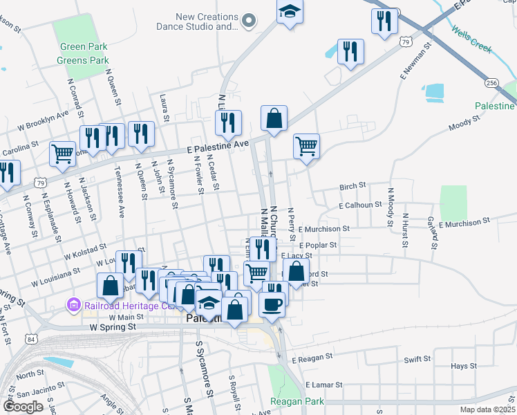 map of restaurants, bars, coffee shops, grocery stores, and more near 408 East Pine Street in Palestine