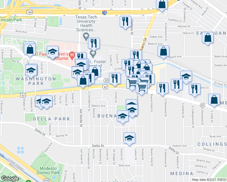 map of restaurants, bars, coffee shops, grocery stores, and more near 5230 East Paisano Drive in El Paso