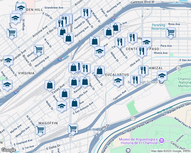 map of restaurants, bars, coffee shops, grocery stores, and more near 1800 Bassett Avenue in El Paso