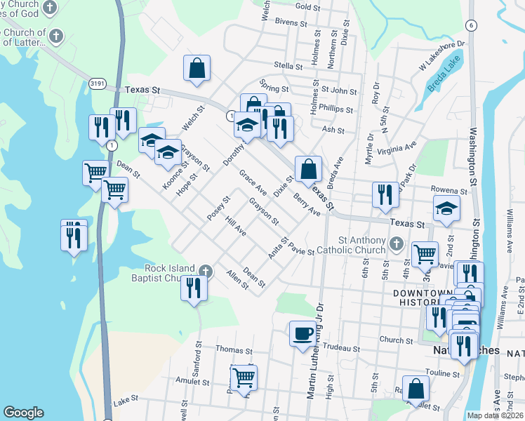 map of restaurants, bars, coffee shops, grocery stores, and more near 1300 Grayson Street in Natchitoches