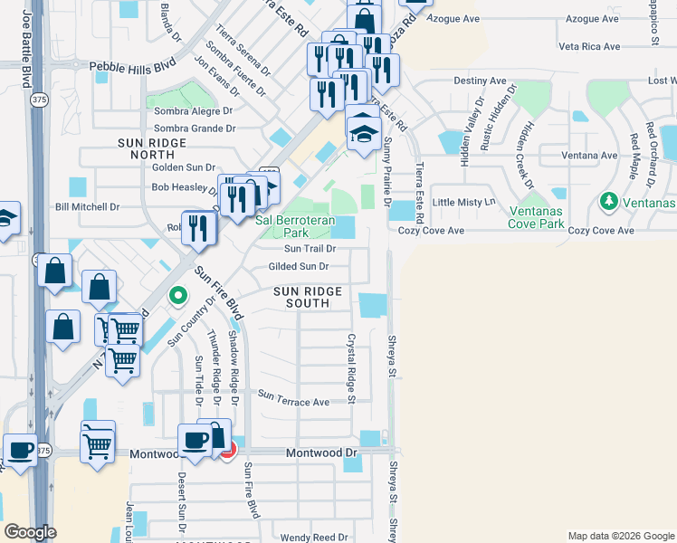map of restaurants, bars, coffee shops, grocery stores, and more near 12641 Gilded Sun Drive in El Paso