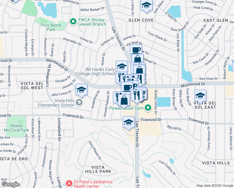 map of restaurants, bars, coffee shops, grocery stores, and more near 10960 Montwood Drive in El Paso