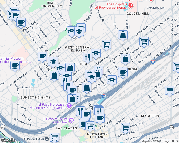 map of restaurants, bars, coffee shops, grocery stores, and more near 711 Arizona Avenue in El Paso