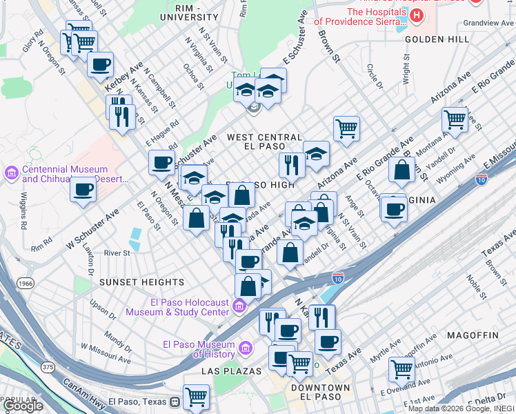 map of restaurants, bars, coffee shops, grocery stores, and more near 508 East California Avenue in El Paso