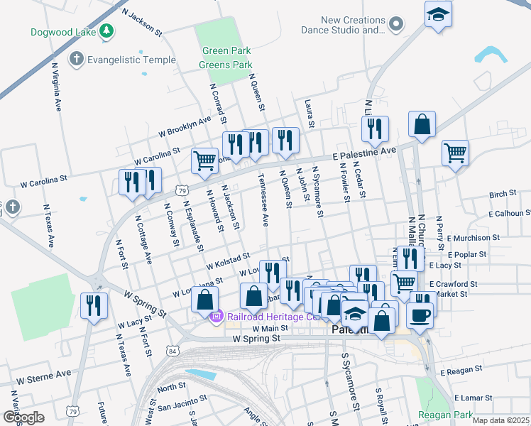 map of restaurants, bars, coffee shops, grocery stores, and more near Tennessee Avenue in Palestine