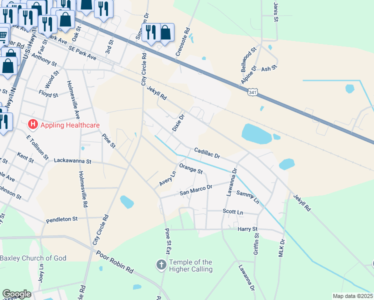 map of restaurants, bars, coffee shops, grocery stores, and more near 25 Herrington Drive in Baxley