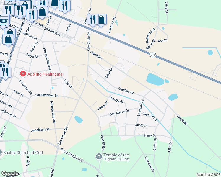 map of restaurants, bars, coffee shops, grocery stores, and more near 25 Herrington Drive in Baxley