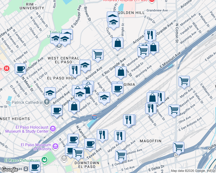 map of restaurants, bars, coffee shops, grocery stores, and more near in El Paso