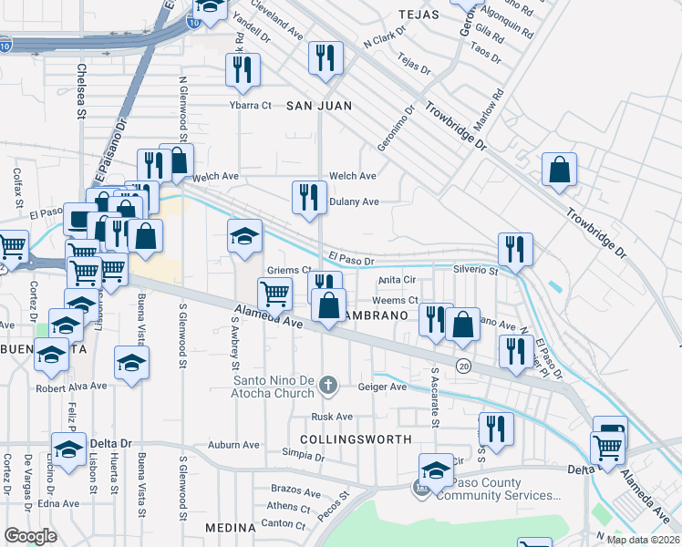 map of restaurants, bars, coffee shops, grocery stores, and more near 151 North Pendell Road in El Paso