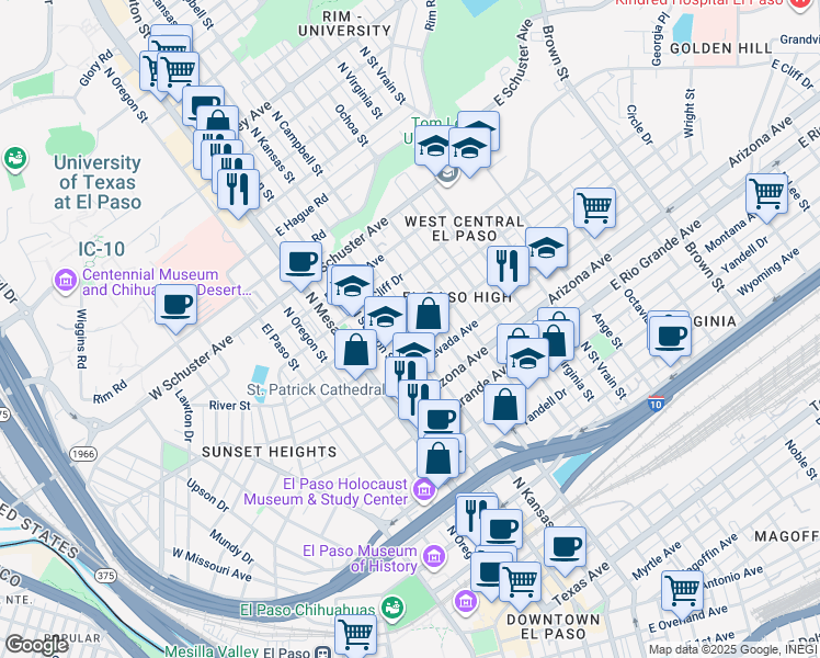 map of restaurants, bars, coffee shops, grocery stores, and more near 1312 North Kansas Street in El Paso