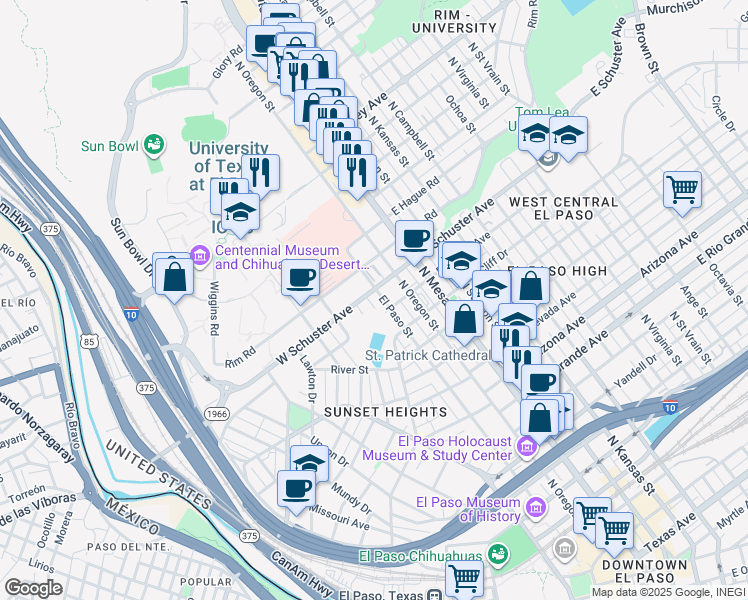 map of restaurants, bars, coffee shops, grocery stores, and more near 200 West Schuster Avenue in El Paso
