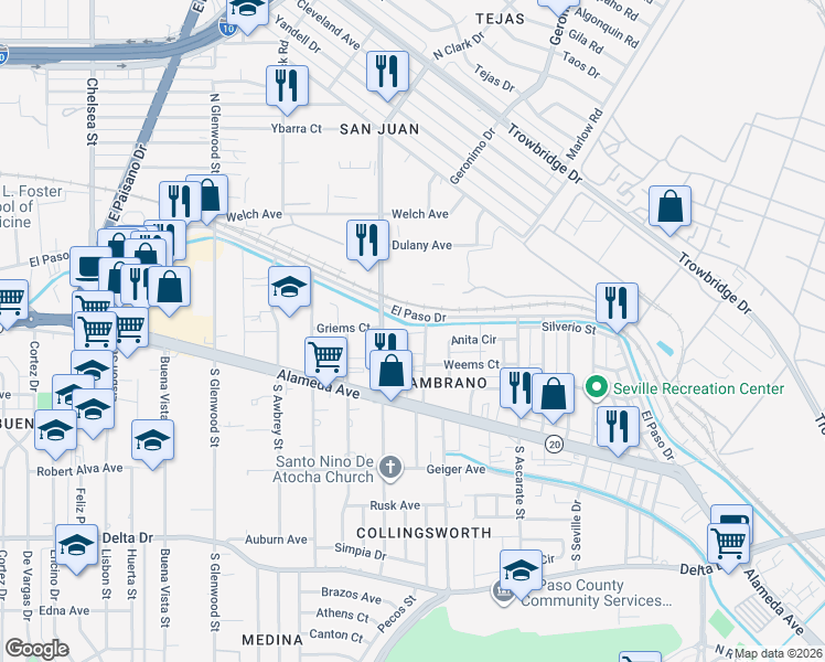 map of restaurants, bars, coffee shops, grocery stores, and more near 151 North Pendell Road in El Paso