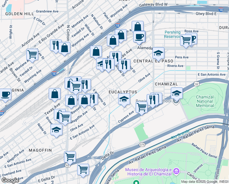 map of restaurants, bars, coffee shops, grocery stores, and more near 1910 Magoffin Avenue in El Paso
