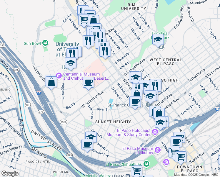 map of restaurants, bars, coffee shops, grocery stores, and more near 200 W Schuster Ave in El Paso