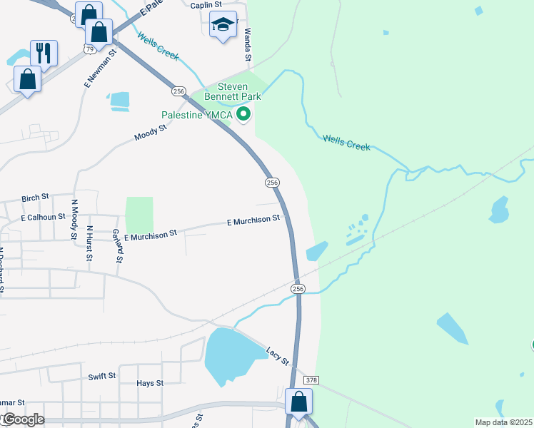 map of restaurants, bars, coffee shops, grocery stores, and more near 6003 Texas 256 Loop in Palestine