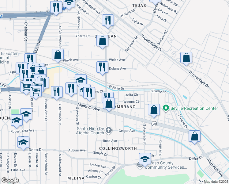 map of restaurants, bars, coffee shops, grocery stores, and more near 151 North Pendell Road in El Paso