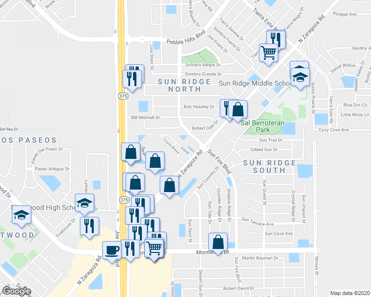 map of restaurants, bars, coffee shops, grocery stores, and more near 12267 Costa Brava in El Paso