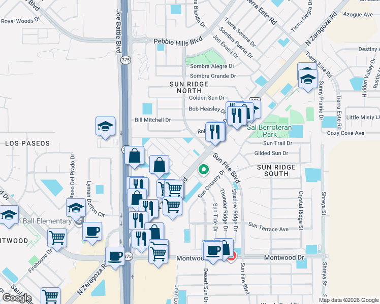 map of restaurants, bars, coffee shops, grocery stores, and more near 12267 Costa Brava in El Paso