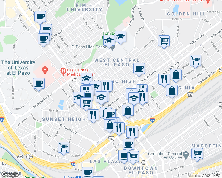 map of restaurants, bars, coffee shops, grocery stores, and more near 508 East California Avenue in El Paso