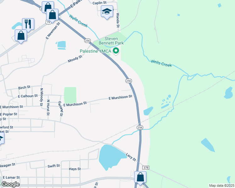map of restaurants, bars, coffee shops, grocery stores, and more near 6003 Texas 256 Loop in Palestine