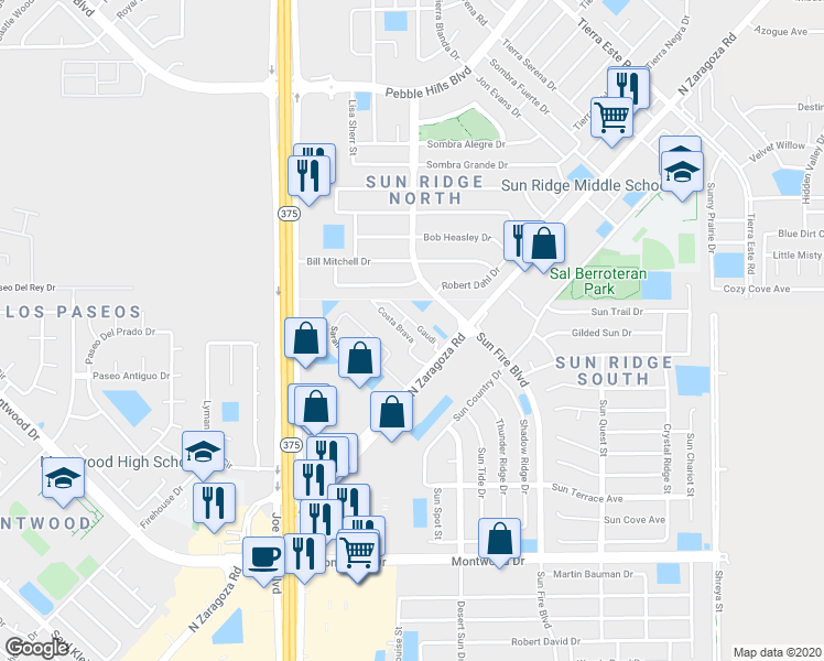 map of restaurants, bars, coffee shops, grocery stores, and more near 12271 Costa Brava in El Paso