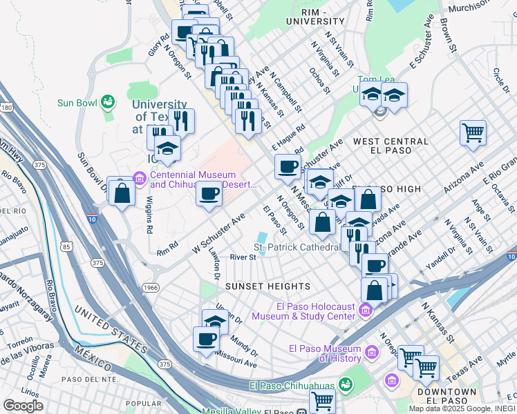 map of restaurants, bars, coffee shops, grocery stores, and more near 200 W Schuster Ave in El Paso