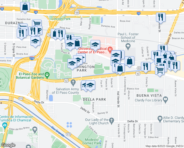 map of restaurants, bars, coffee shops, grocery stores, and more near 224 Hadlock Street in El Paso