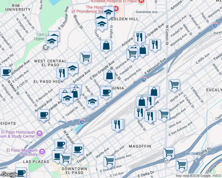 map of restaurants, bars, coffee shops, grocery stores, and more near 1121 Wyoming Avenue in El Paso