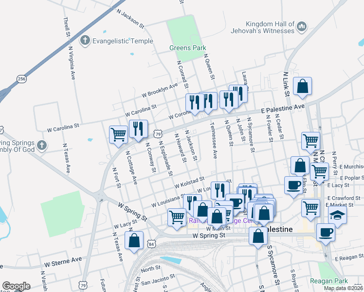 map of restaurants, bars, coffee shops, grocery stores, and more near 1005 North Jackson Street in Palestine