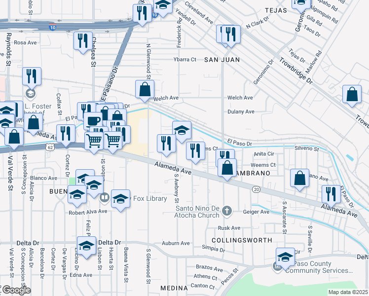 map of restaurants, bars, coffee shops, grocery stores, and more near 107 North Collingsworth Street in El Paso