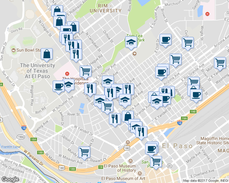 map of restaurants, bars, coffee shops, grocery stores, and more near 305 East River Avenue in El Paso