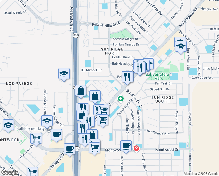 map of restaurants, bars, coffee shops, grocery stores, and more near 12267 Costa Brava in El Paso