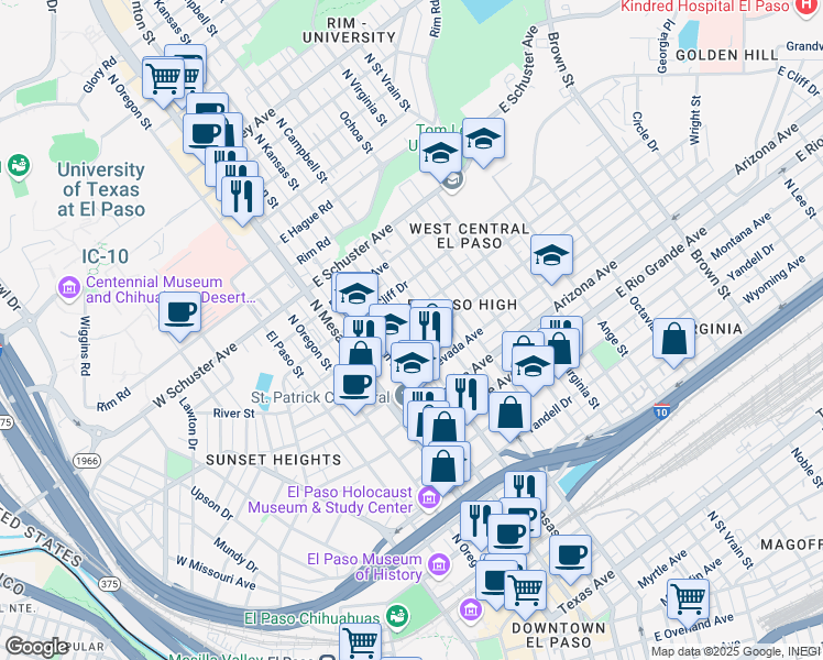 map of restaurants, bars, coffee shops, grocery stores, and more near 1312 North Kansas Street in El Paso