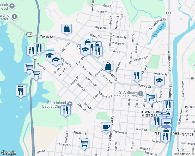 map of restaurants, bars, coffee shops, grocery stores, and more near 1220 Grace Avenue in Natchitoches