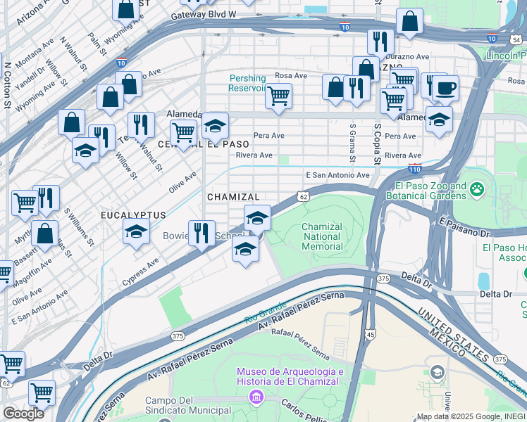 map of restaurants, bars, coffee shops, grocery stores, and more near 3106 Cypress Avenue in El Paso