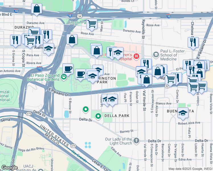 map of restaurants, bars, coffee shops, grocery stores, and more near 301 1/2 Locust Street in El Paso