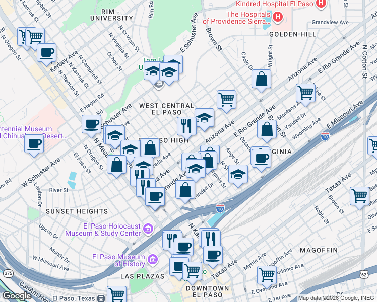 map of restaurants, bars, coffee shops, grocery stores, and more near 705 Arizona Avenue in El Paso