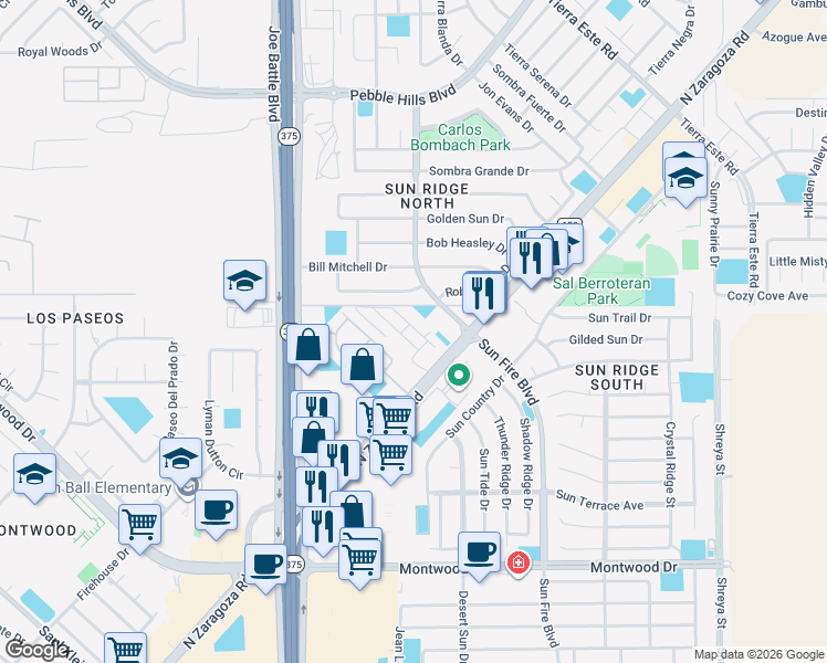 map of restaurants, bars, coffee shops, grocery stores, and more near 12267 Costa Brava in El Paso