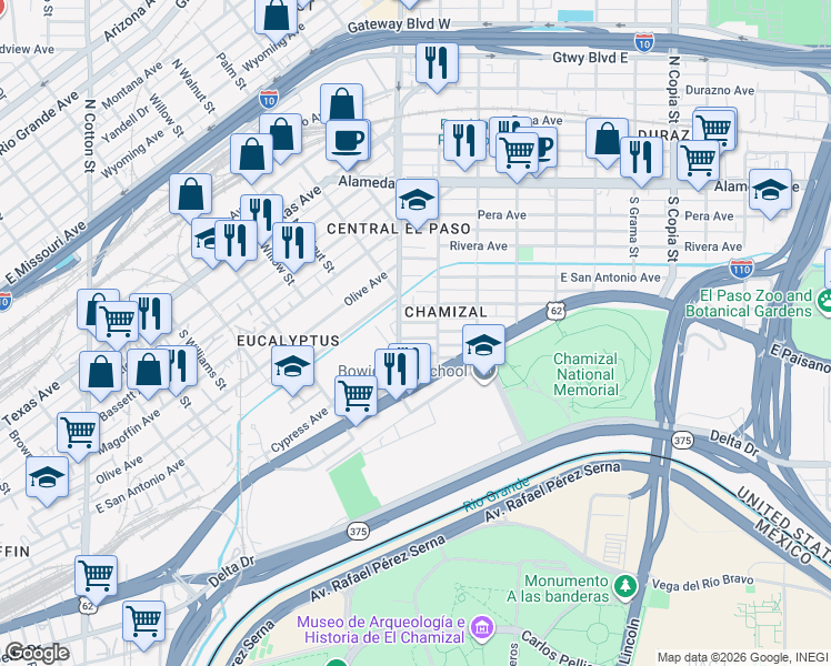 map of restaurants, bars, coffee shops, grocery stores, and more near 2913 Cypress Avenue in El Paso
