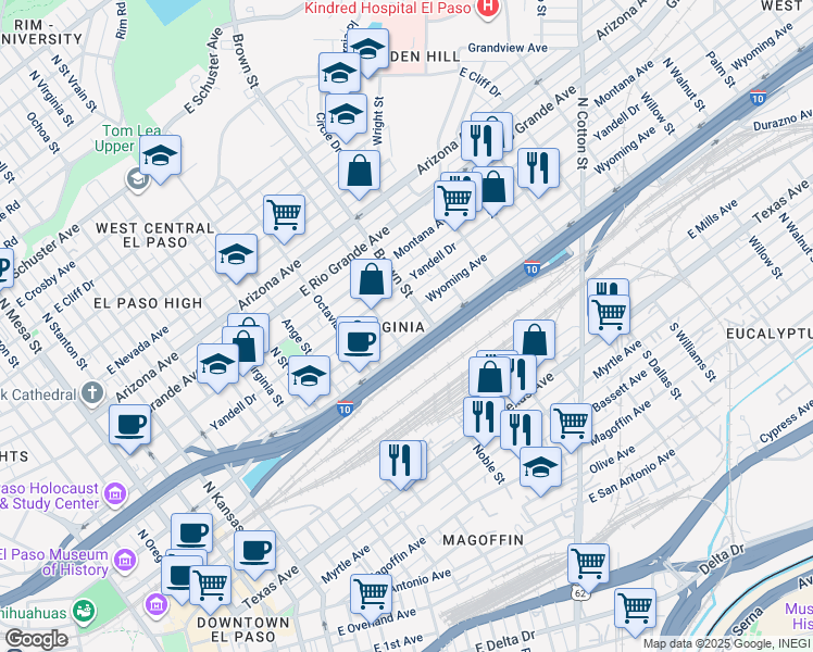map of restaurants, bars, coffee shops, grocery stores, and more near 1212 Wyoming Avenue in El Paso