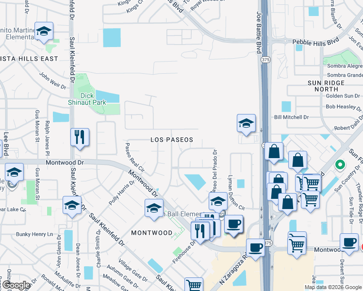 map of restaurants, bars, coffee shops, grocery stores, and more near 1981 Paseo Segovia Place in El Paso