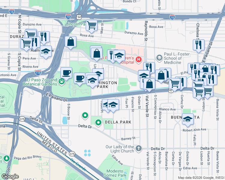 map of restaurants, bars, coffee shops, grocery stores, and more near 224 Hadlock Street in El Paso