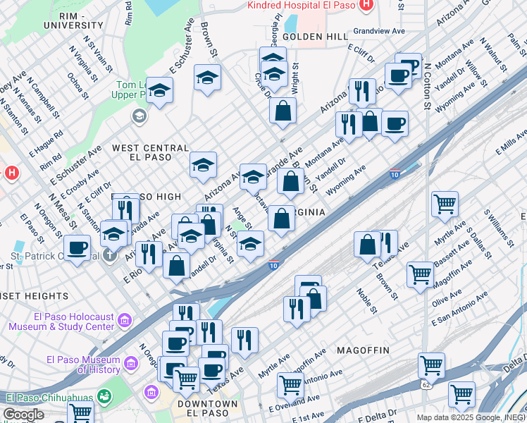 map of restaurants, bars, coffee shops, grocery stores, and more near in El Paso