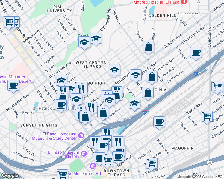 map of restaurants, bars, coffee shops, grocery stores, and more near 711 Arizona Avenue in El Paso
